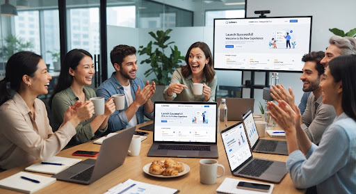 A smiling digital product and marketing team celebrating a launch