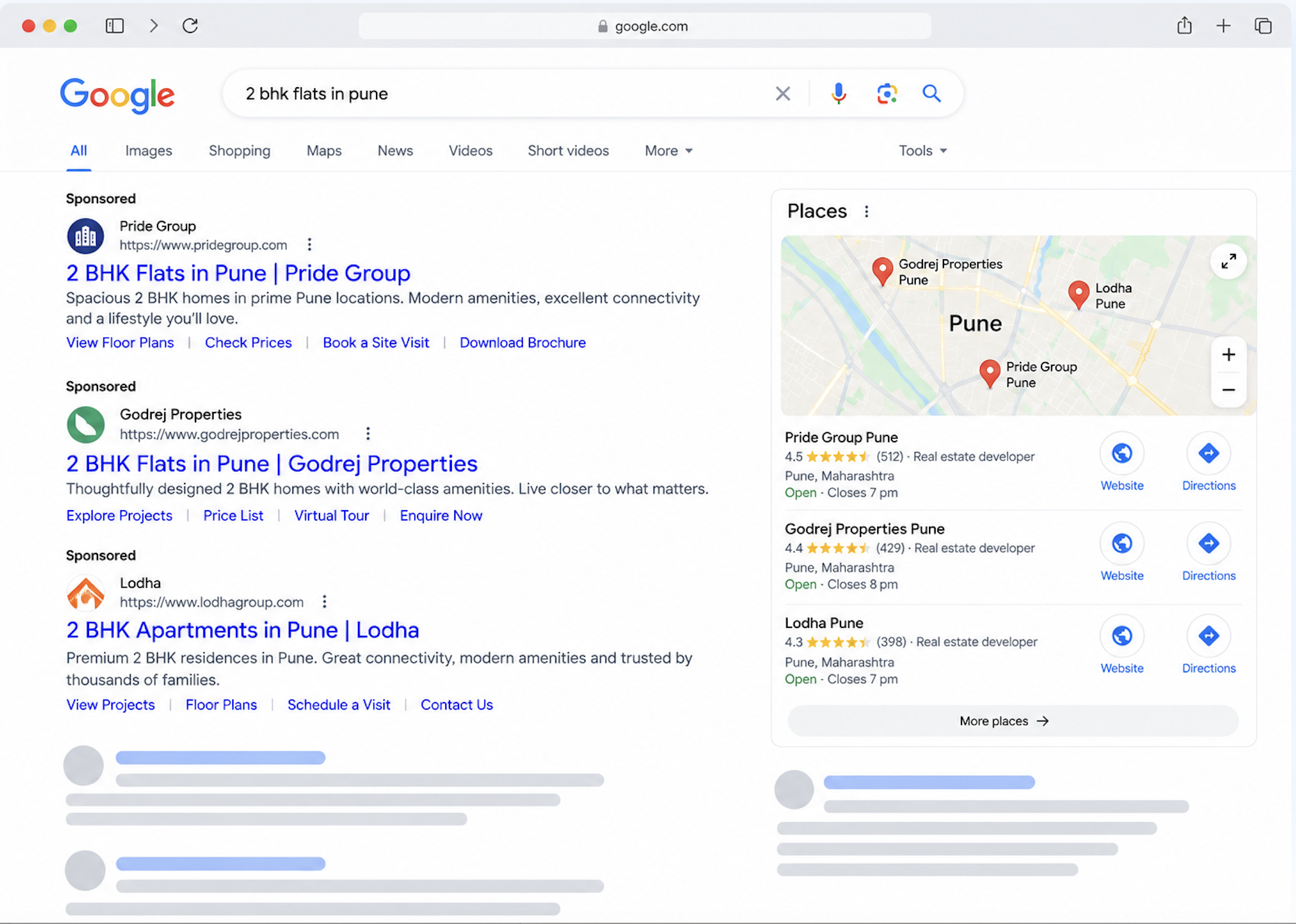 Google search results with sponsored ads for 2 BHK flats in Pune