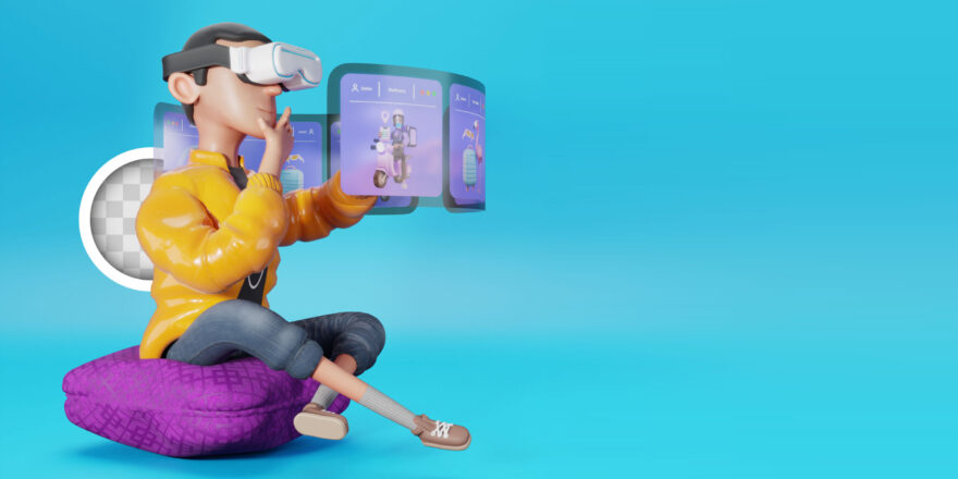 Character choosing options from his virtual reality glasses. 3d illustration