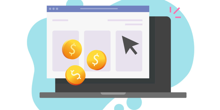 Pay per click or cost per click website money earning online on computer vector icon flat cartoon, web or internet tech, coins cash income from advertising clicking, ppc or cpc symbol modern design