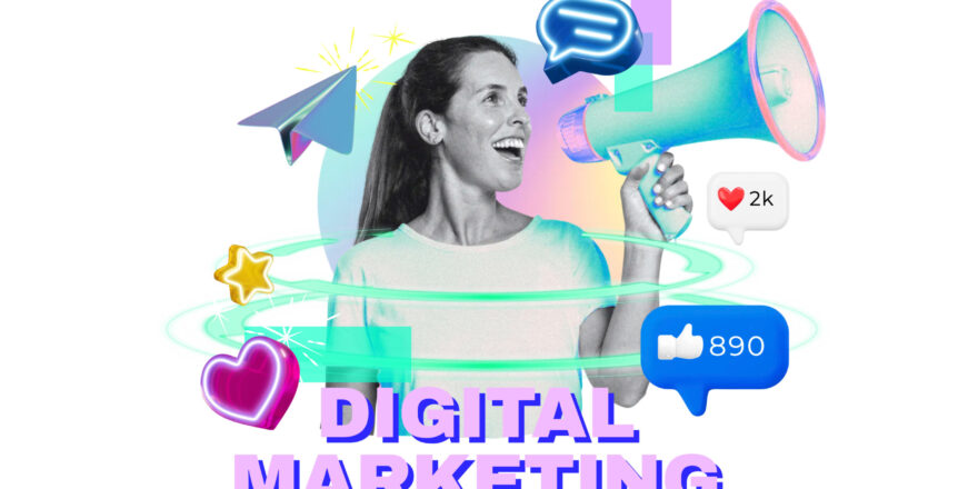 Digital marketing png word, technology remix in neon design